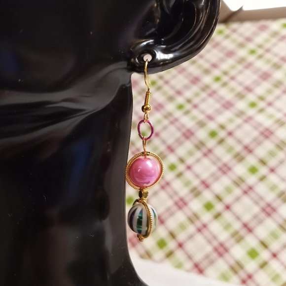 Steel Handmade Hand Crafted Pink & Rainbow Beaded Dangle Earrings Jewelry #52 - Picture 3 of 8
